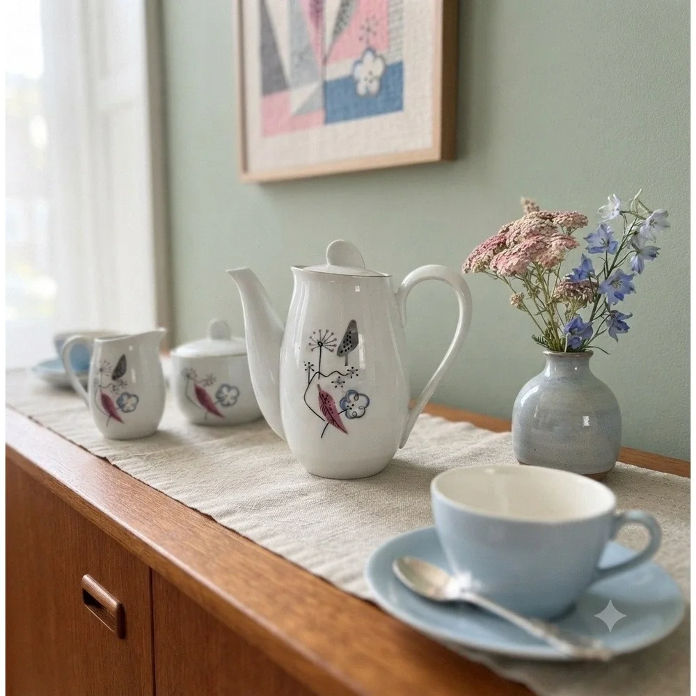 Royal Grace Japan Fine China Teapot 1950s MCM Atomic Botanical Pink Blue White